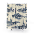 Indigo Eiffel Towers and river bridges on warm ivory shower curtain with full front view