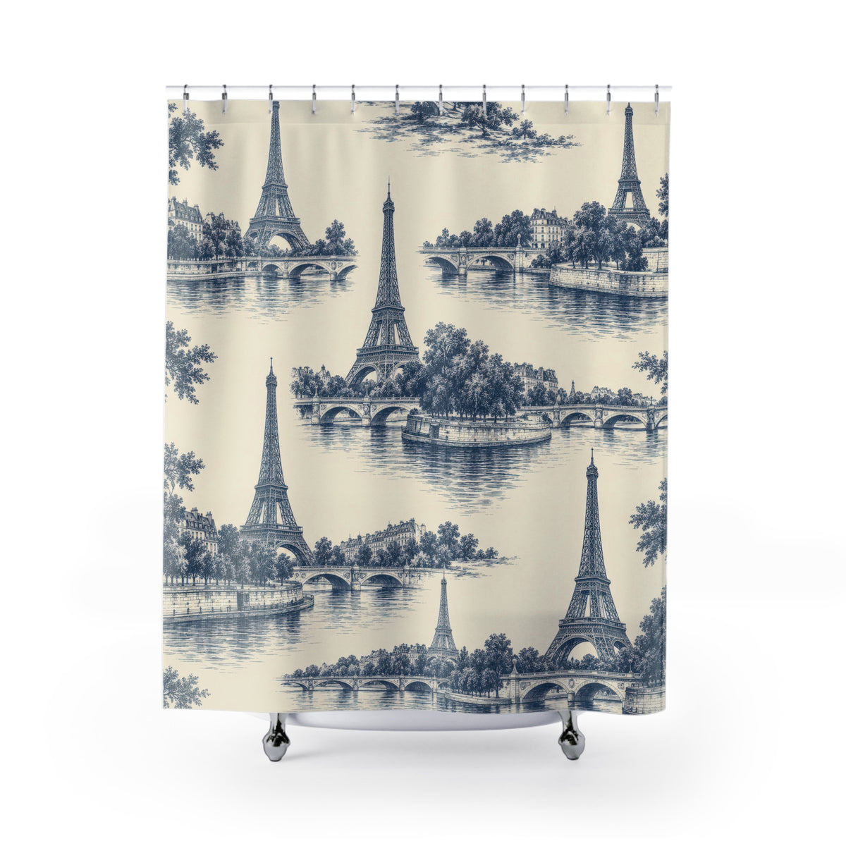 Indigo Eiffel Towers and river bridges on warm ivory shower curtain with full front view