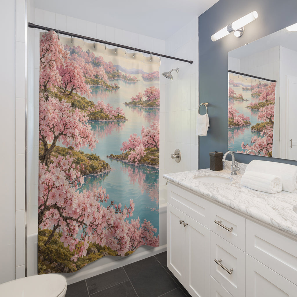 Pink cherry trees reflected in an aqua lake shower curtain beside a white vanity