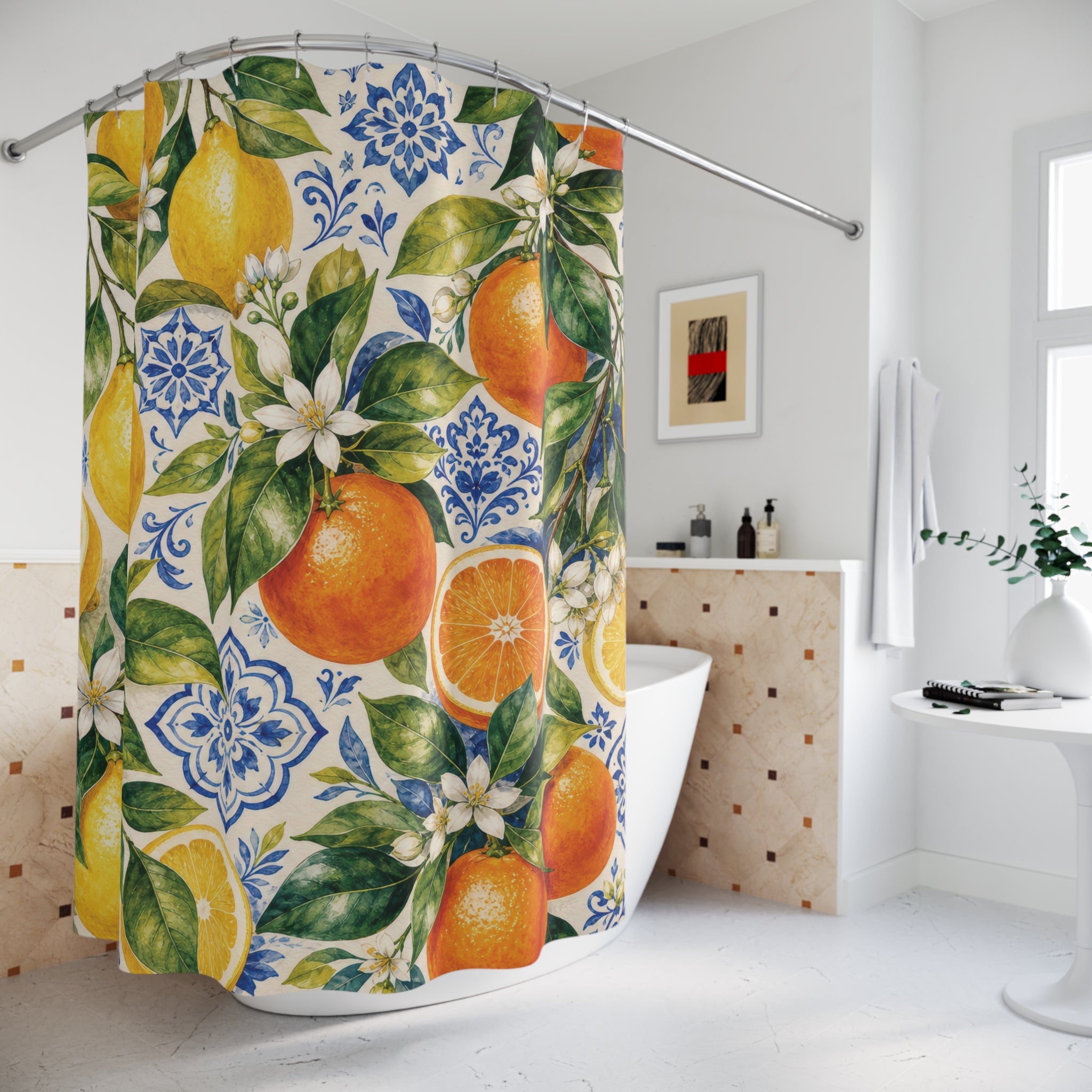 Citrus Shower Curtain: Lemon Orange Botanical Pattern