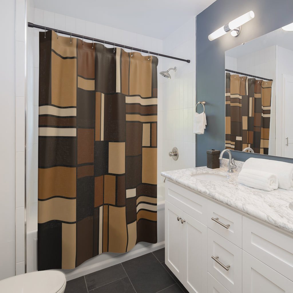 Geometric Shower Curtain, Black Brown Patchwork Bath Decor, Modern Rectangle Pattern, Mid Century Warm Neutral Bathroom Decor Style