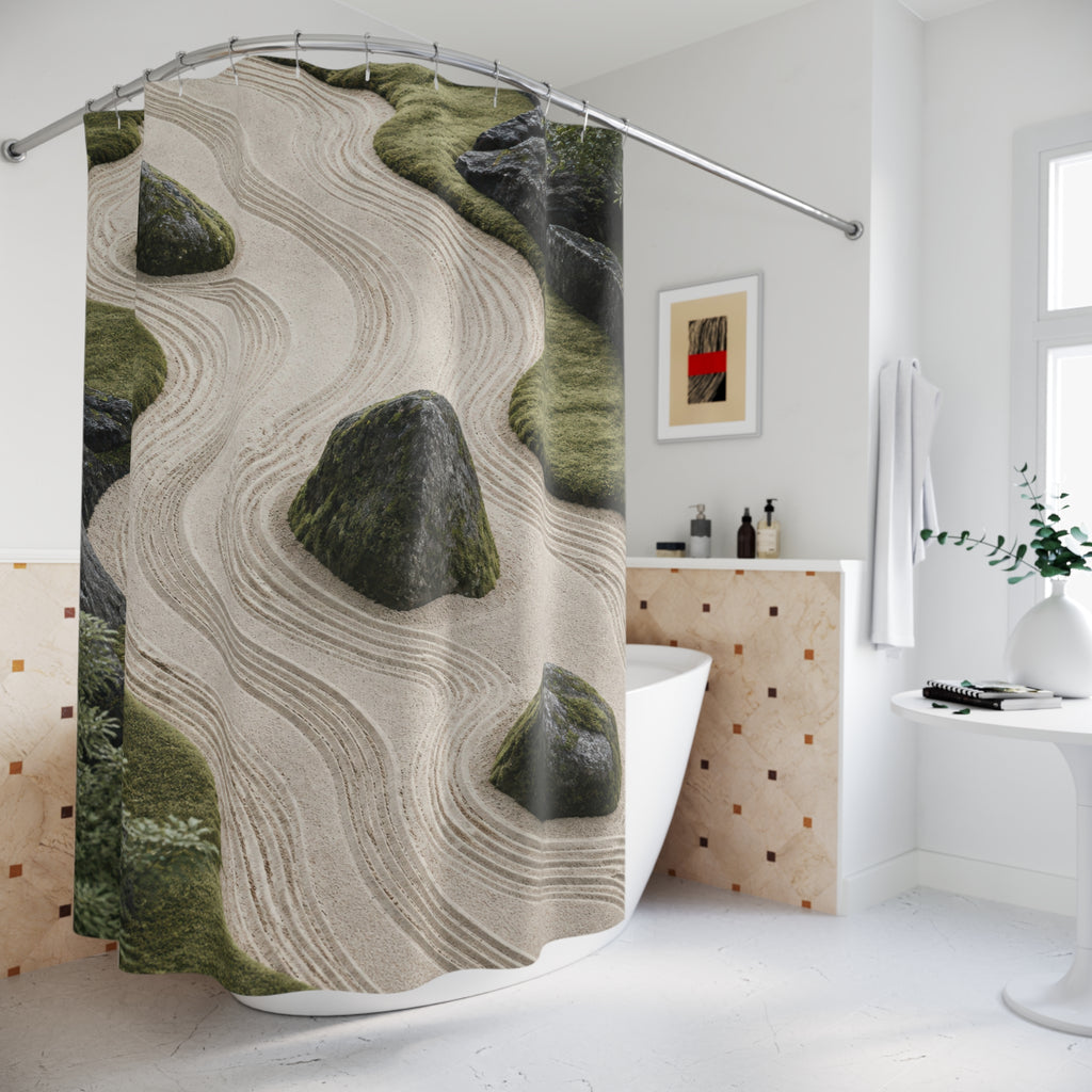 Sage and cream rake terraces curving around mossy stones shower curtain beside a freestanding tub