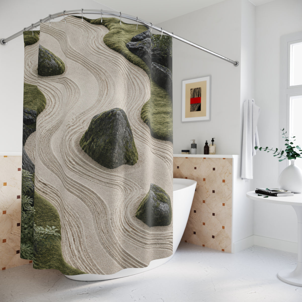 Sage and cream rake terraces curving around mossy stones shower curtain beside a freestanding tub