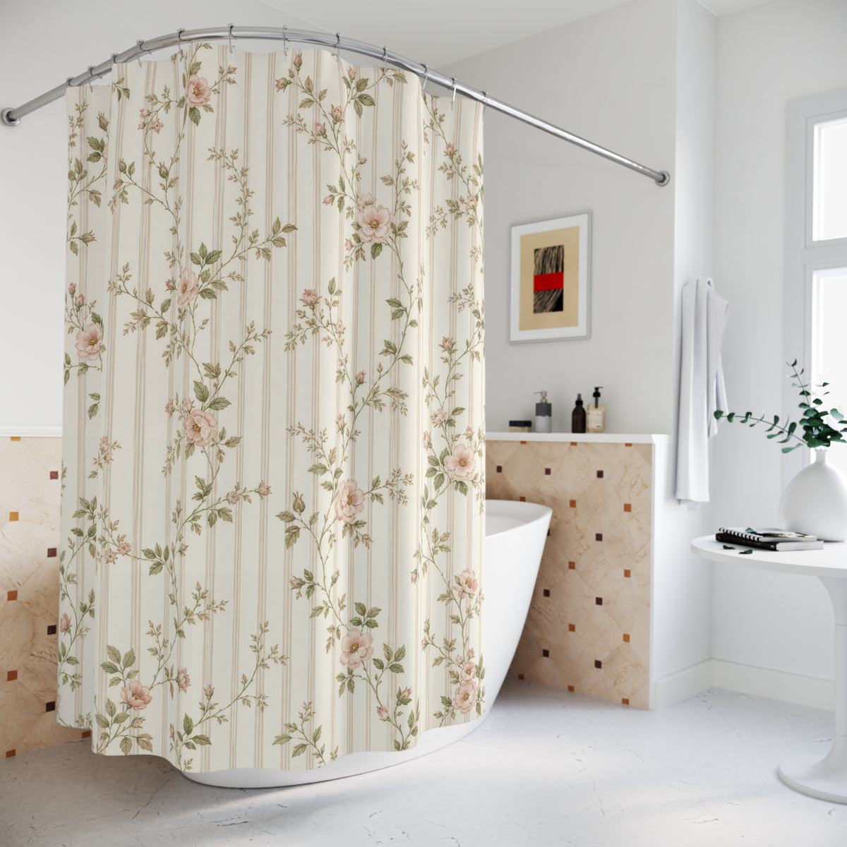 Pink Rose Vine striped pattern shower curtain beside a freestanding tub