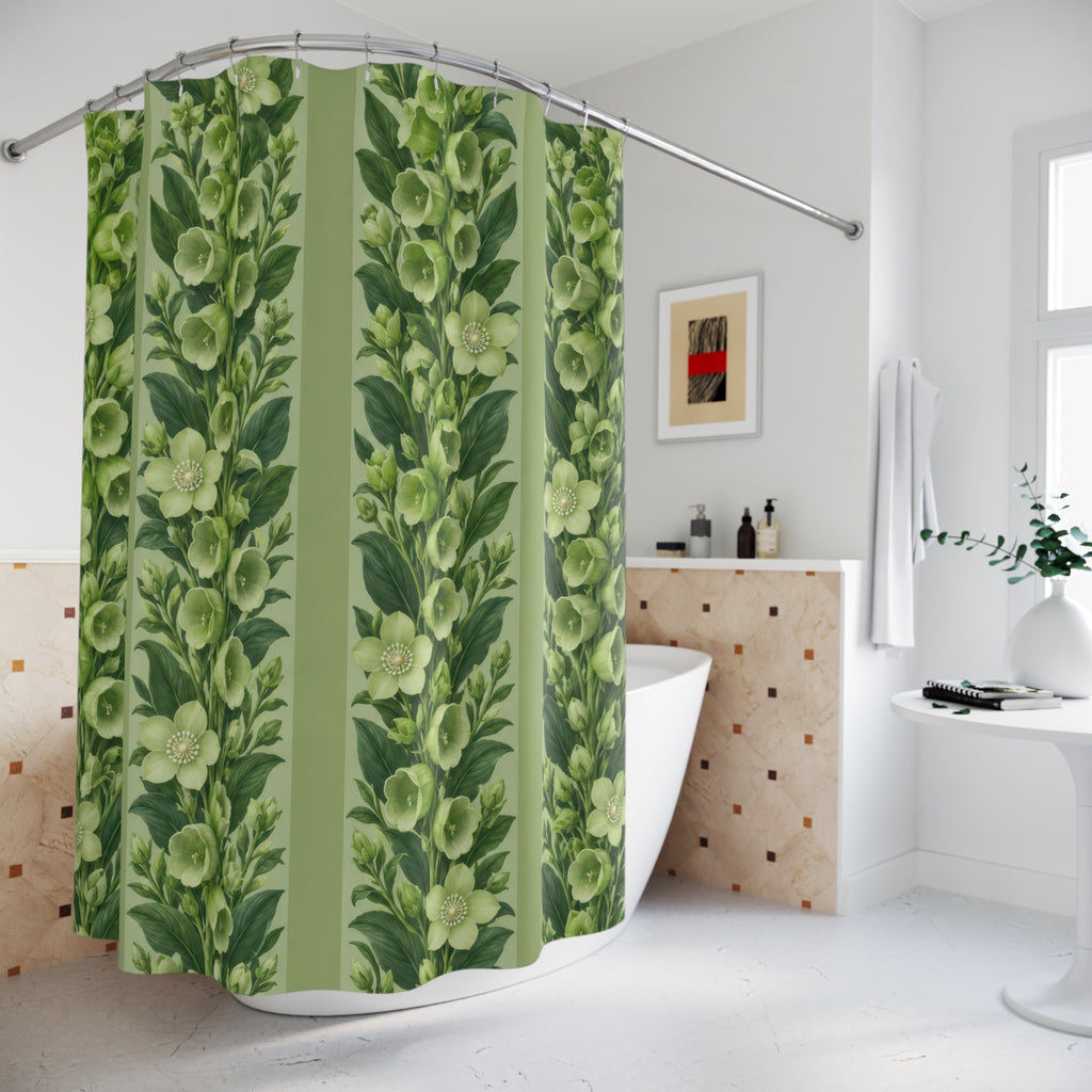 Pale green flowers and leafy stripes on celery green shower curtain beside a freestanding tub