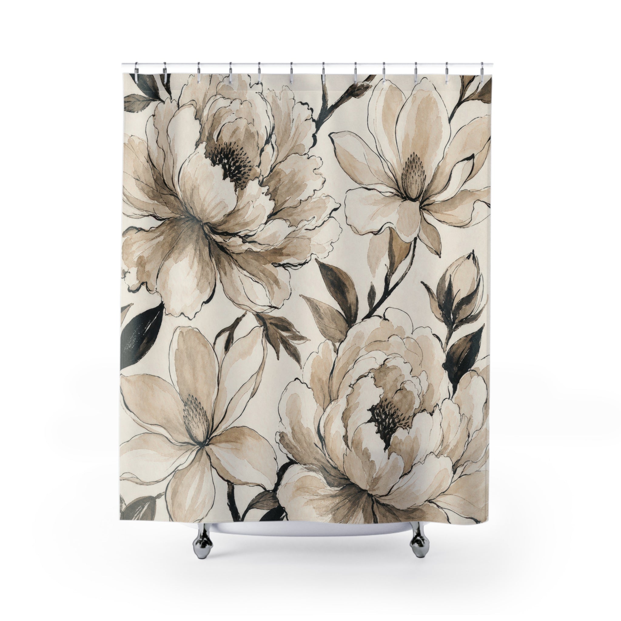 Beige Black Watercolor Flower Shower Curtain