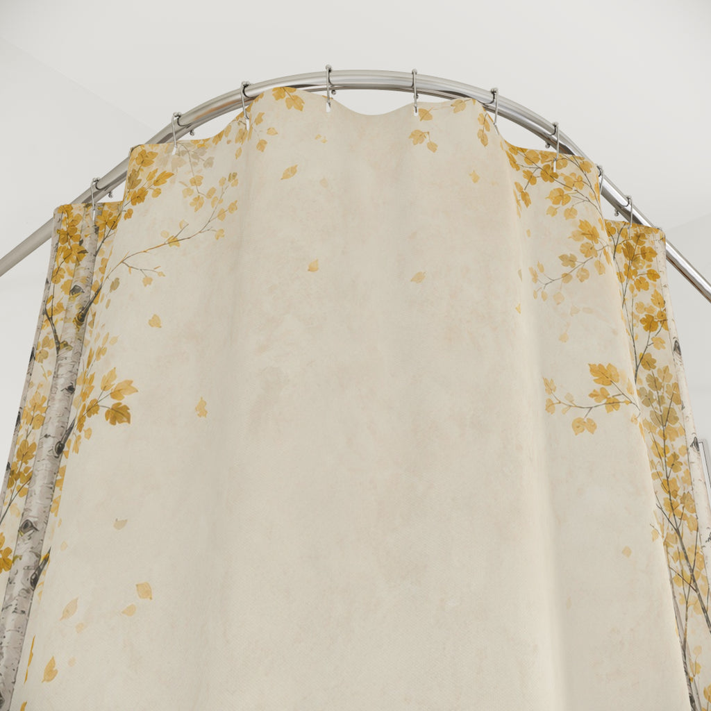 Aspen Border Shower Curtain, Golden Leaf Mountain Bath Decor, Cream Forest Frame Pattern, Airy Nature Inspired Guest Bathroom Decor
