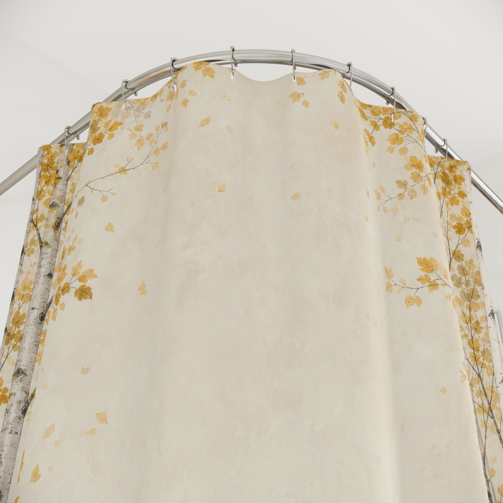 Aspen Border Shower Curtain, Golden Leaf Mountain Bath Decor, Cream Forest Frame Pattern, Airy Nature Inspired Guest Bathroom Decor