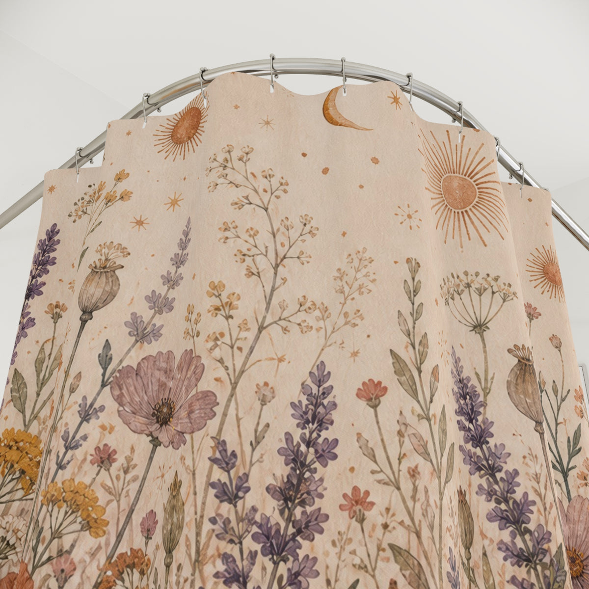 Boho Wildflower Meadow floral vintage shower curtain with close-up print, hooks, and folds
