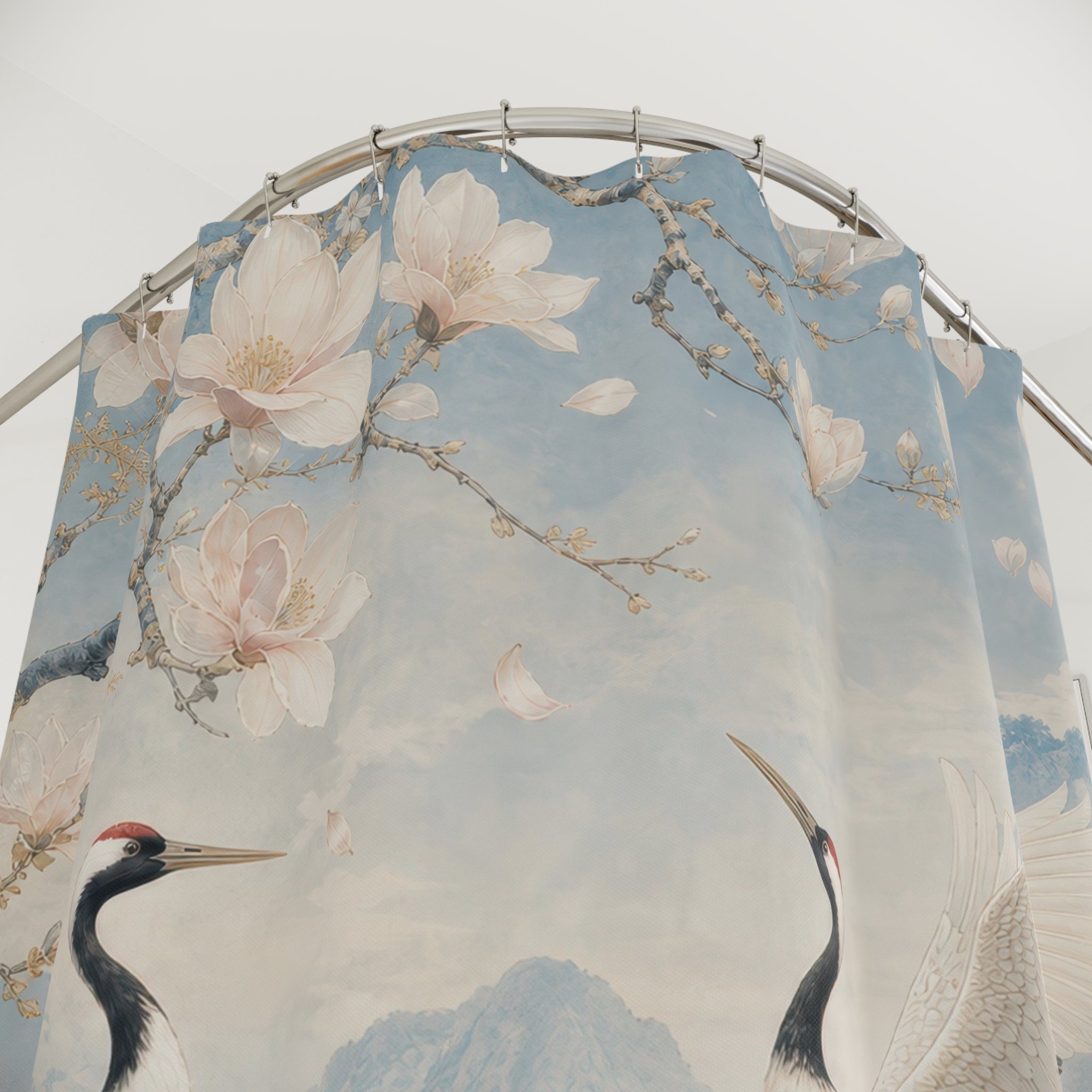 Blue Chinoiserie Crane and Magnolia Shower Curtain