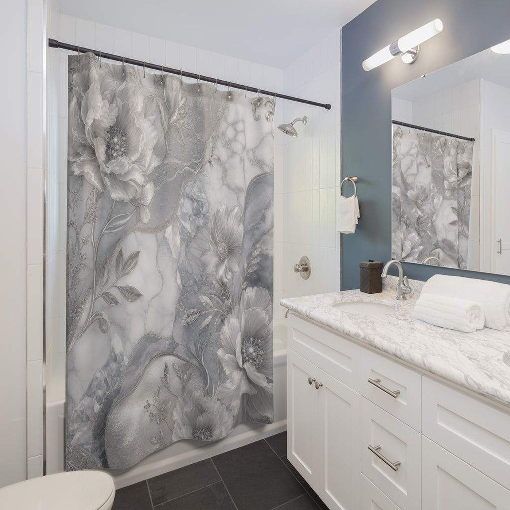 Silver Shower Curtain: Grey Marble Floral Pattern
