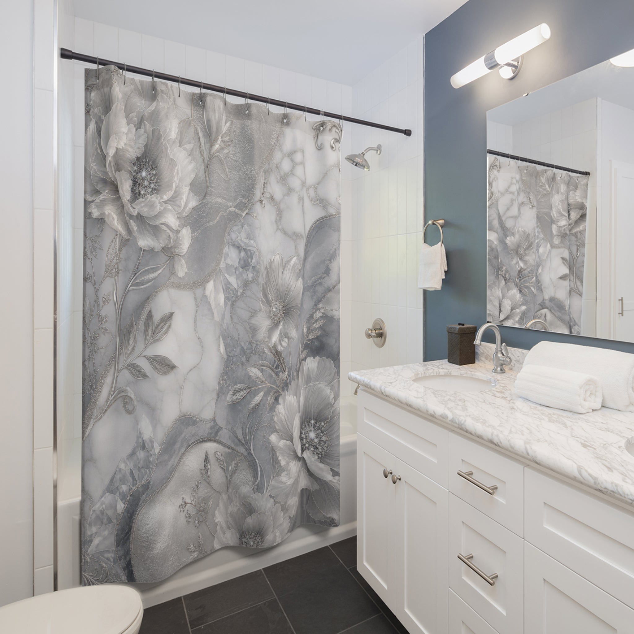Silver Shower Curtain: Grey Marble Floral Pattern