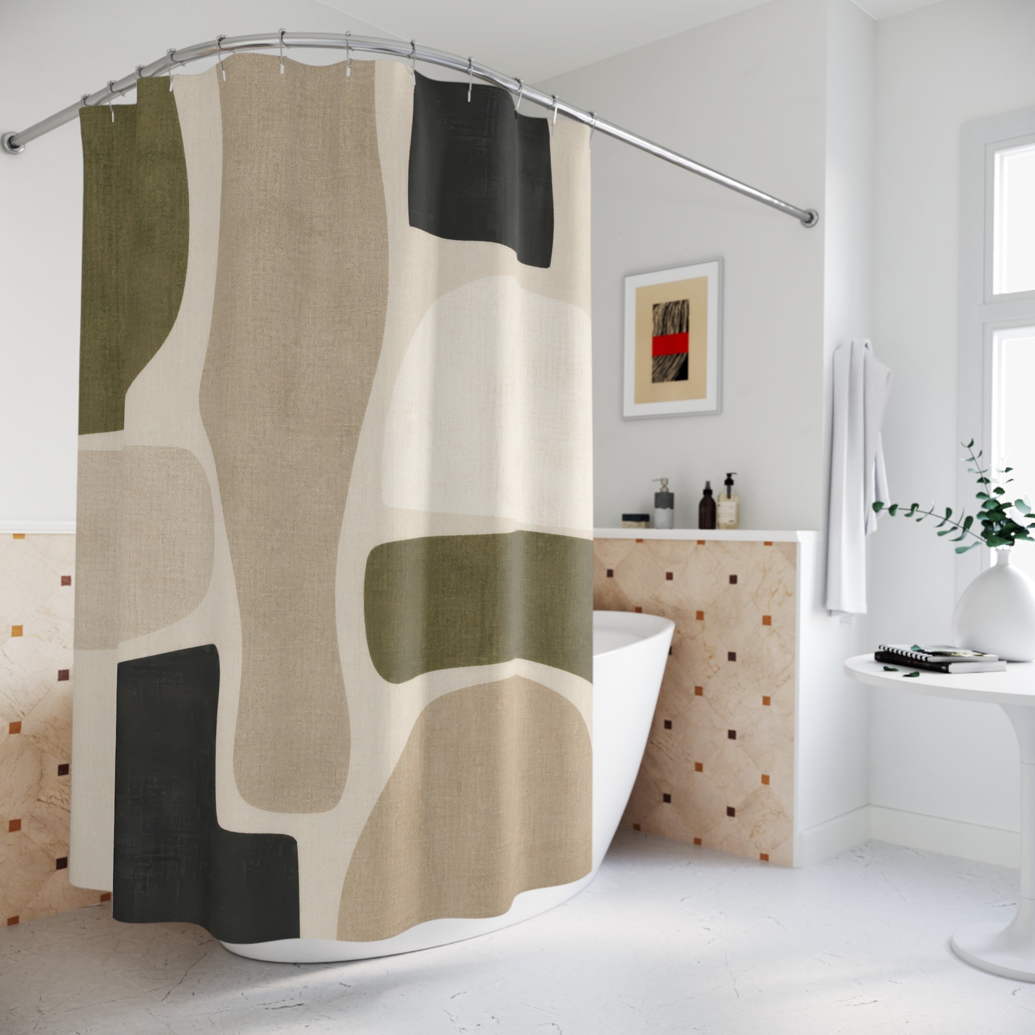 Abstract Shower Curtain, Olive Charcoal Beige Cutout Pattern, Green Black Bathroom Decor, Modern Neutral Guest Bath Style