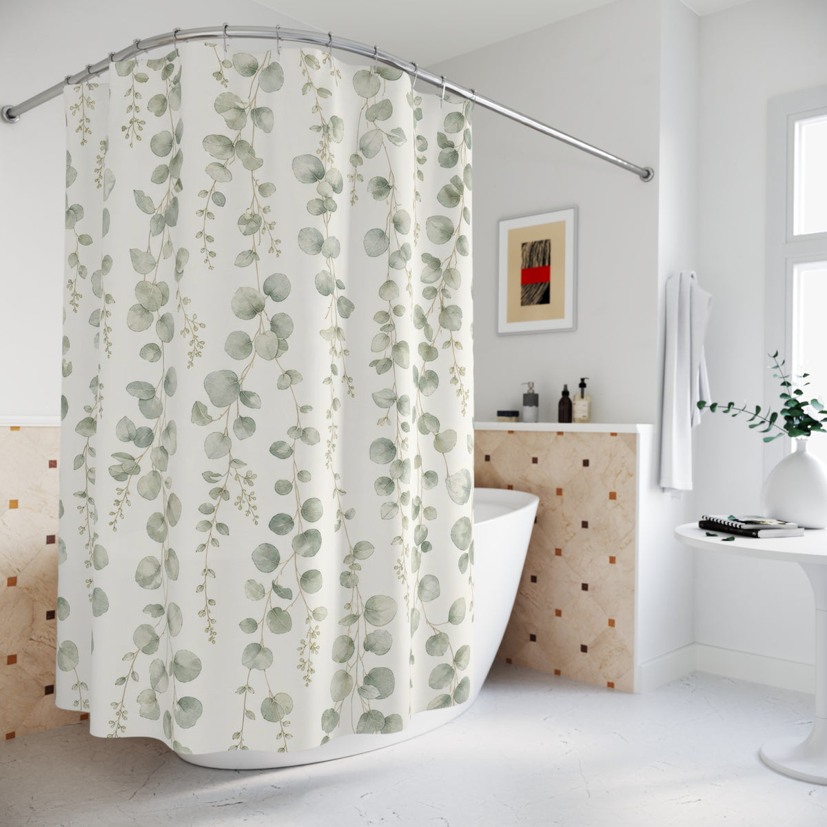 Green Botanical sage eucalyptus hanging shower curtain beside a freestanding tub