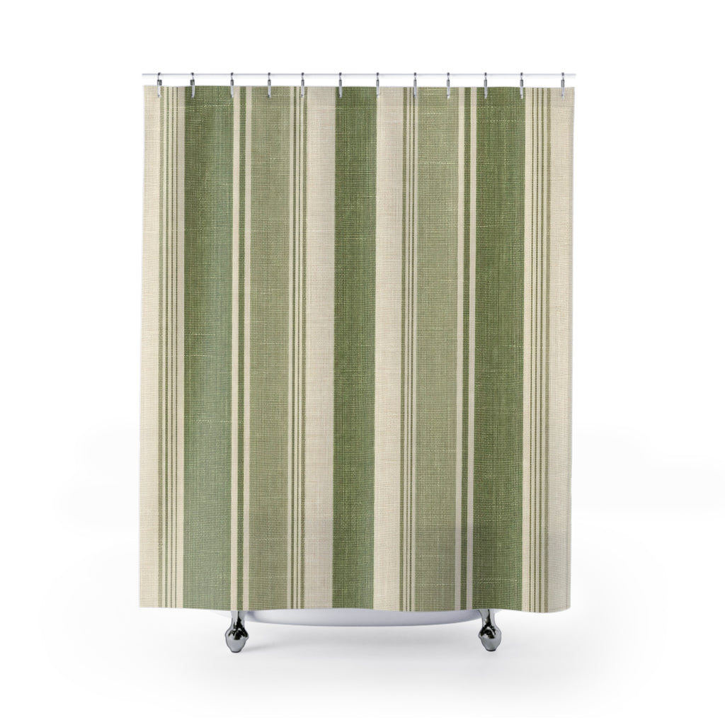 Sage Olive Cream Vertical Stripe Shower Curtain