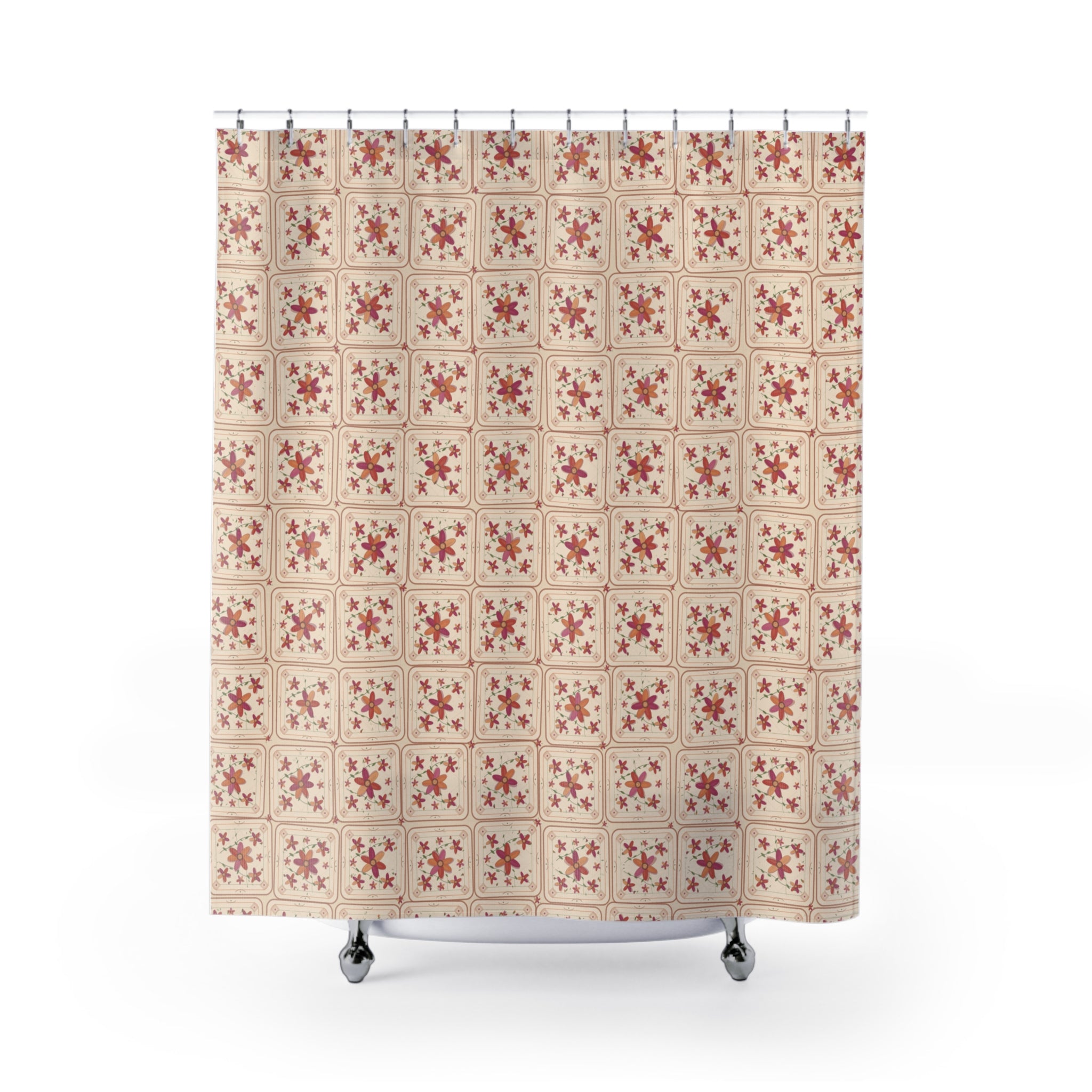 Mid-Century Floral Tile Shower Curtain – Pink & Orange