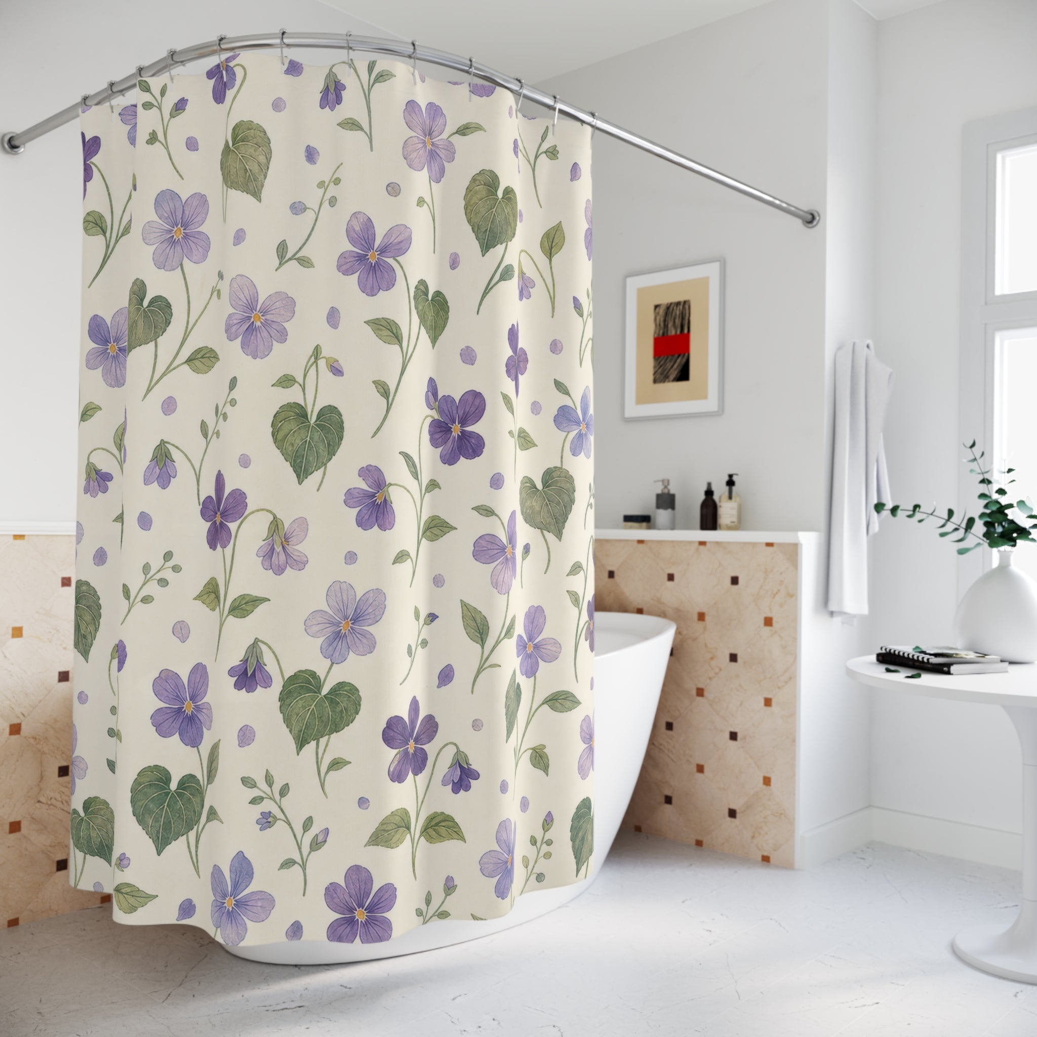 Violet Flower Purple Floral Cottage Cottagecore Beige Cream Shower Curtain