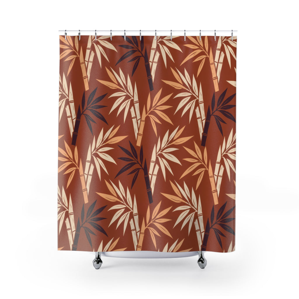 Cream and plum bamboo leaves on terracotta shower curtain with full front view
