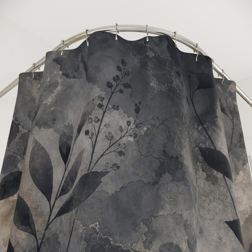 Grey Shower Curtain, Dark Botanical Watercolor Pattern, Black Charcoal Bathroom Decor, Moody Modern Guest Bath Leaf Style