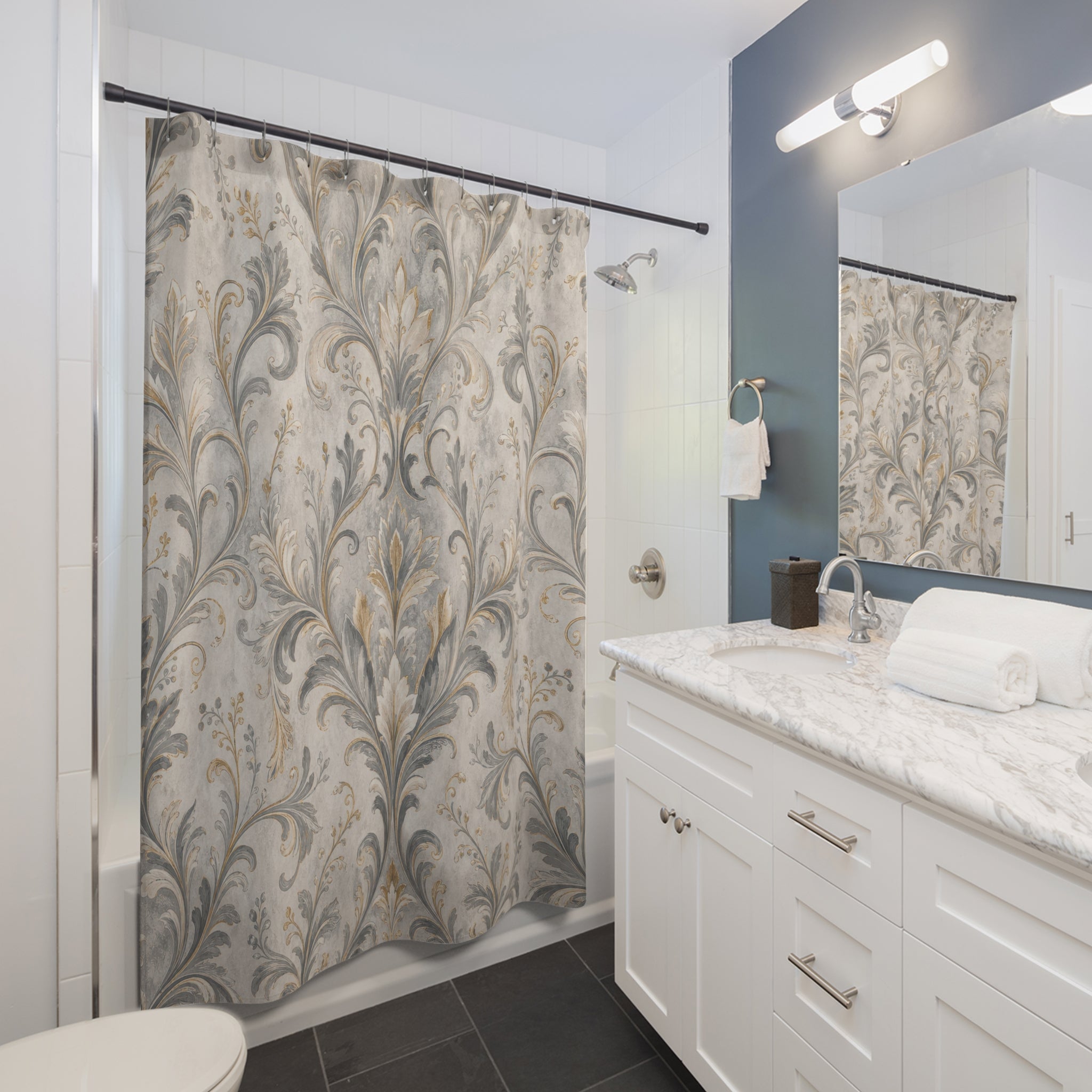 Soft Gold Grey Ornate Damask Shower Curtain
