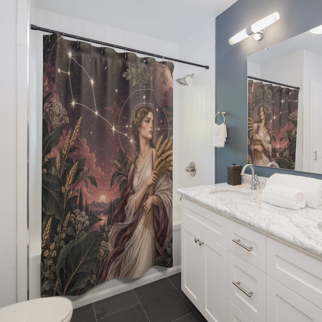 Virgo harvest maiden beside a moonlit river shower curtain beside a white vanity