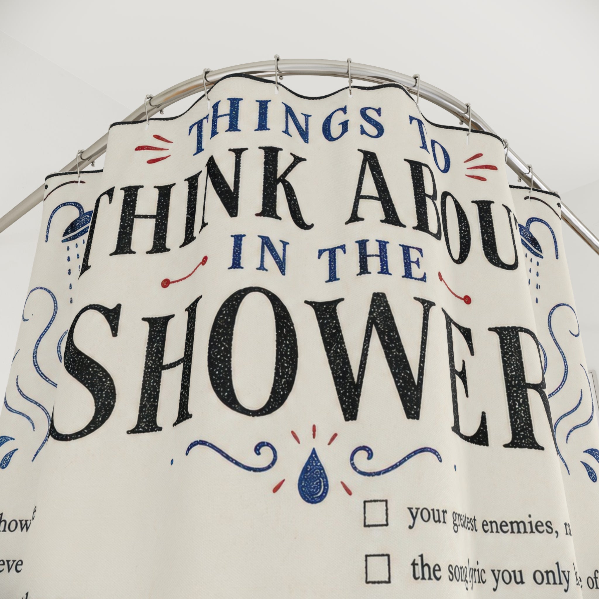 Funny Shower Curtain, Things To Think About In The Shower List, Unique Bathroom Humor Typography, Retro Checklist Bath Decor, Guest Bath