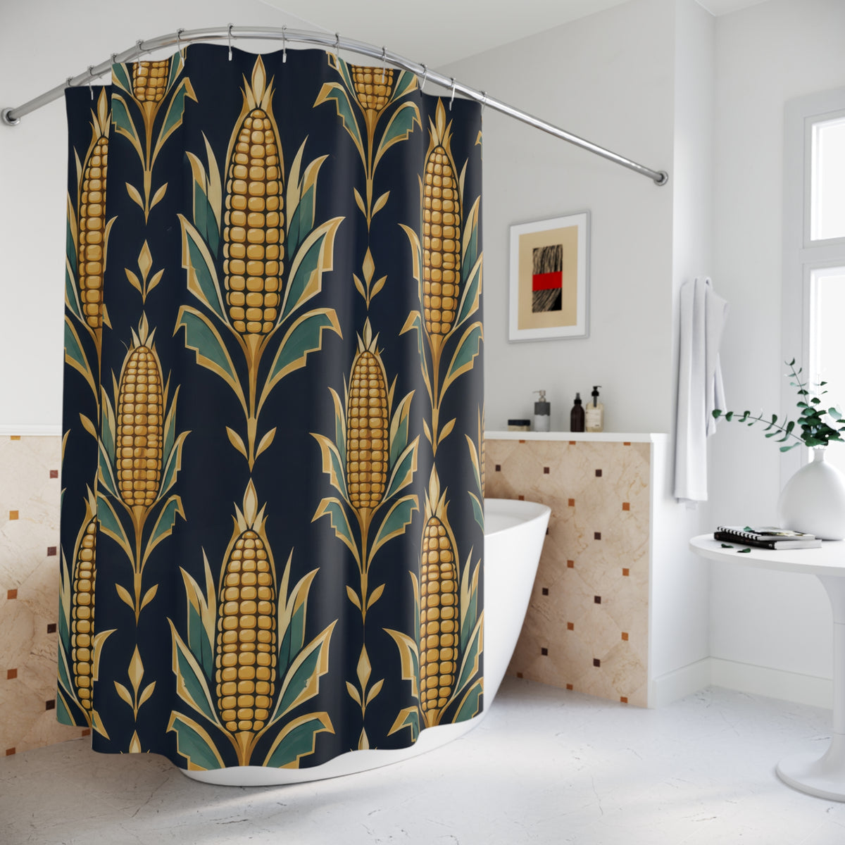 Golden maize with teal husks on navy shower curtain beside a freestanding tub
