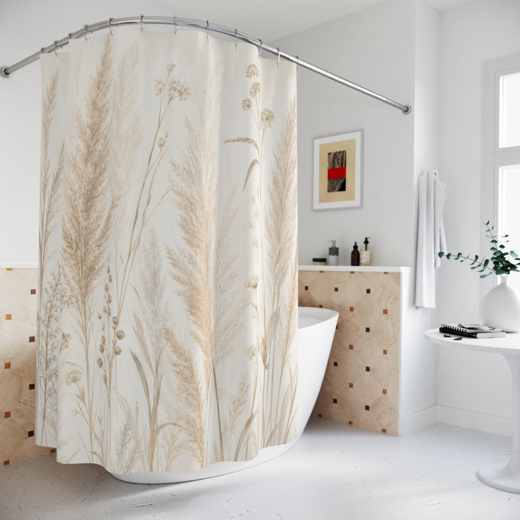 Off White Beige Grass Floral Shower Curtain