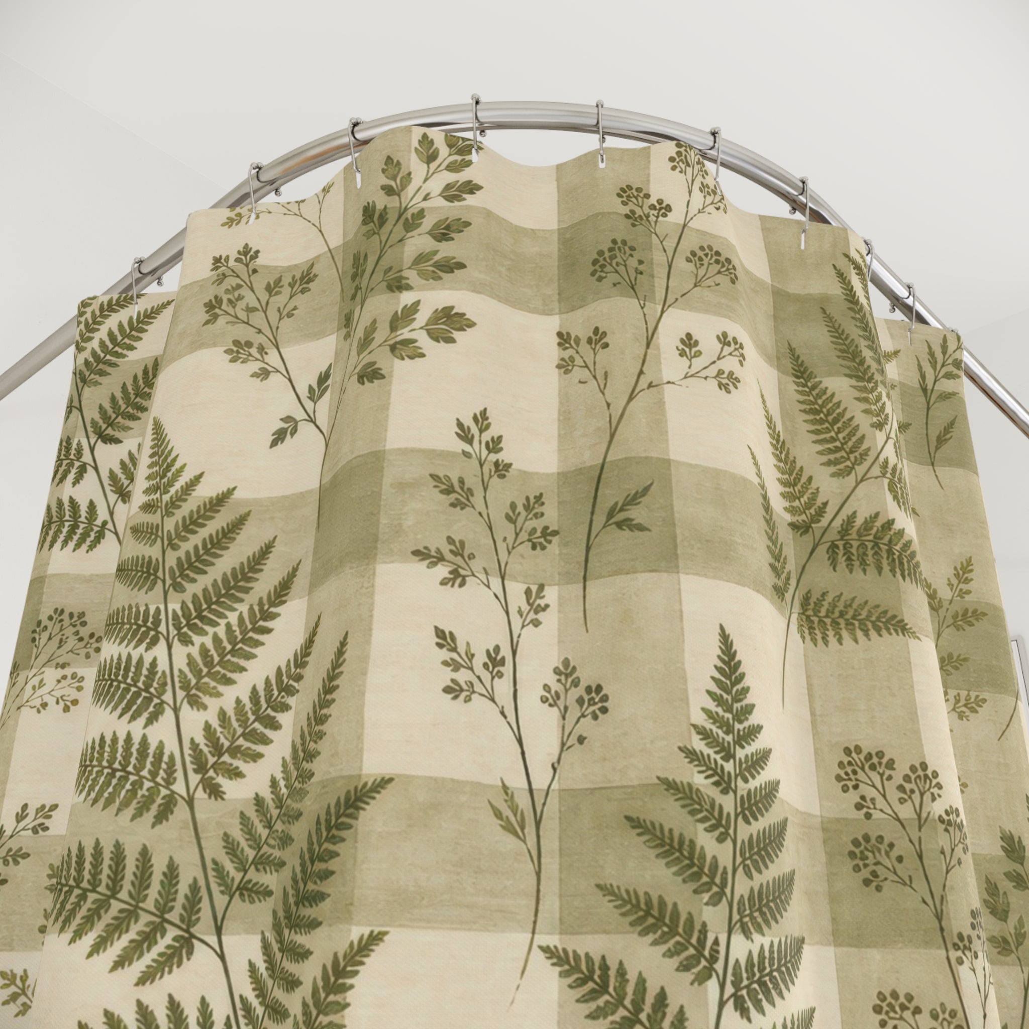 Green Fern Leaf Check Shower Curtain