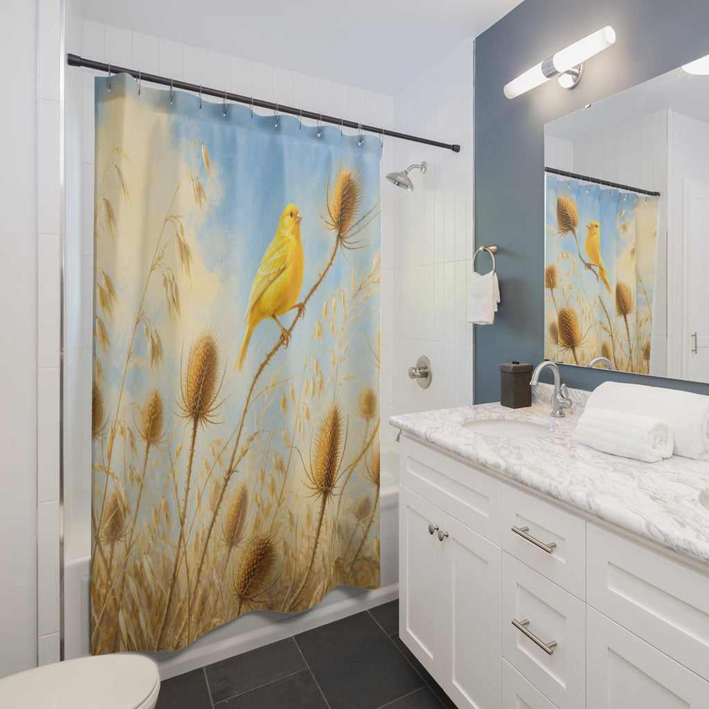 Bright yellow canary among sunlit meadow grasses shower curtain beside a white vanity