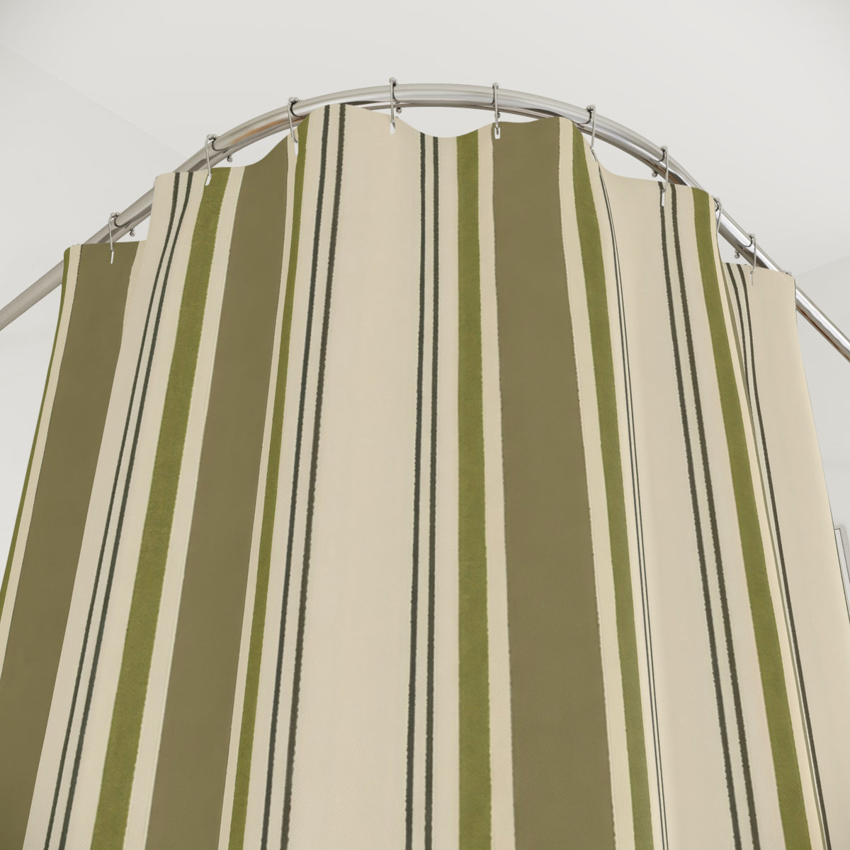 Olive Ticking Stripe earthy moss shower curtain with close-up print, hooks, and folds
