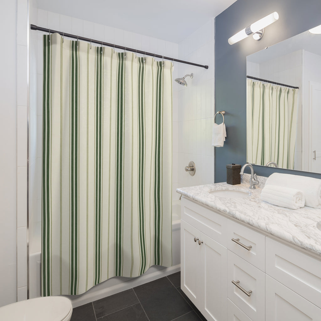 Green Ticking Stripe Shower Curtain, Forest Cream Bathroom Decor, Classic Green Stripe Bath Curtain, Guest Bathroom Decor, Small Bath Decor