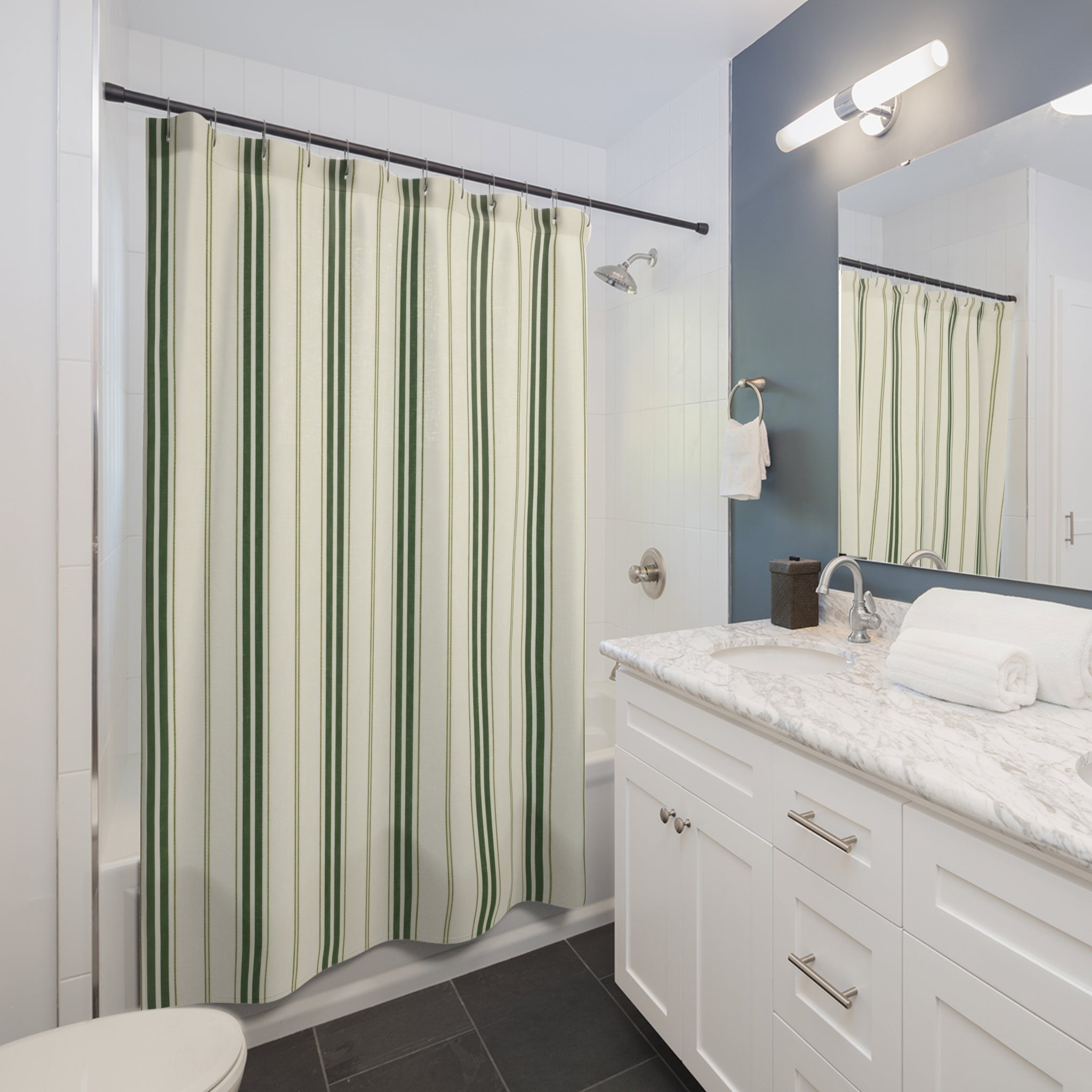 Green Ticking Stripe Shower Curtain, Forest Cream Bathroom Decor, Classic Green Stripe Bath Curtain, Guest Bathroom Decor, Small Bath Decor