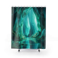 Luminous turquoise crystal grotto surrounding a quiet aqua pool shower curtain with full front view