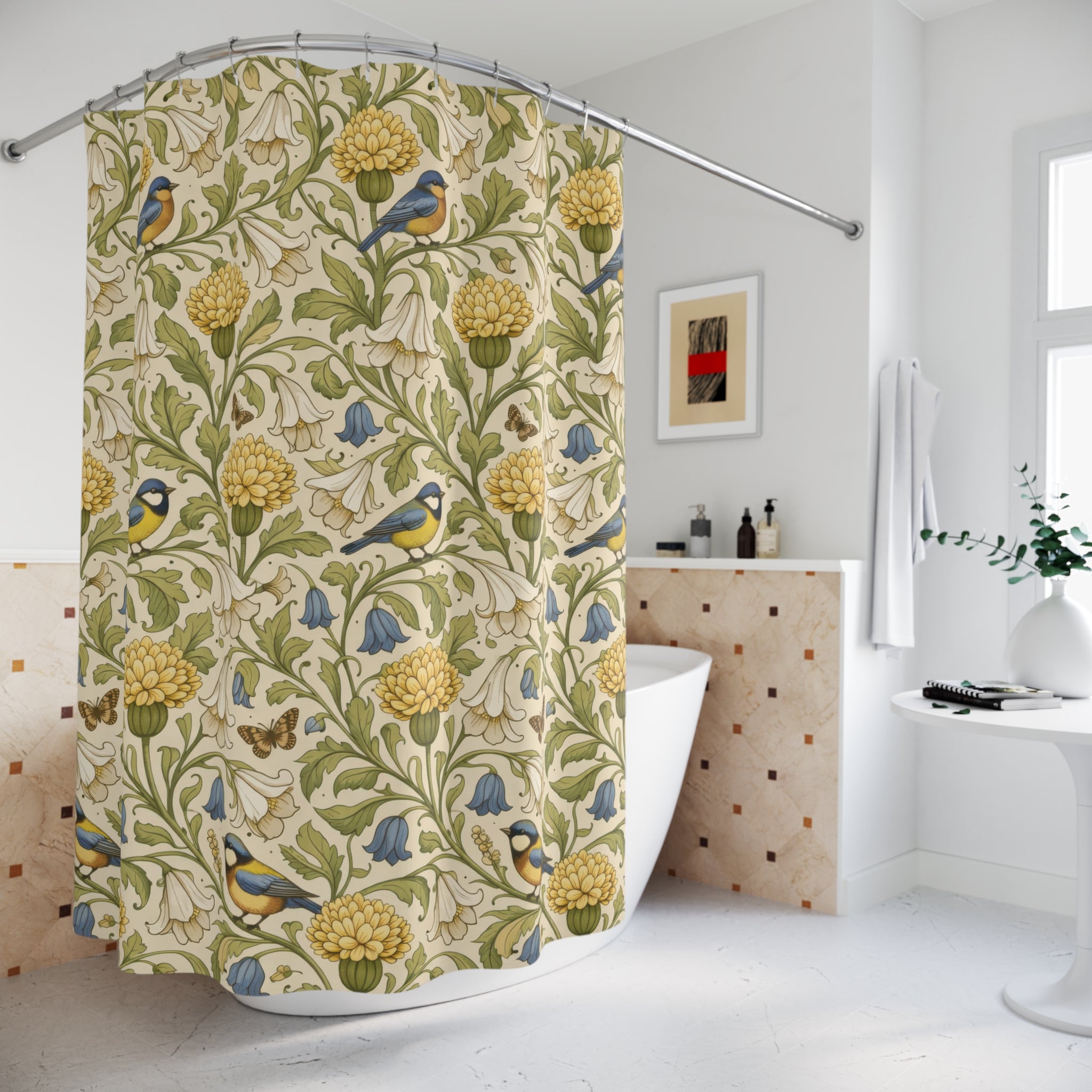 William Morris Floral Shower Curtain – Green Gold Bird