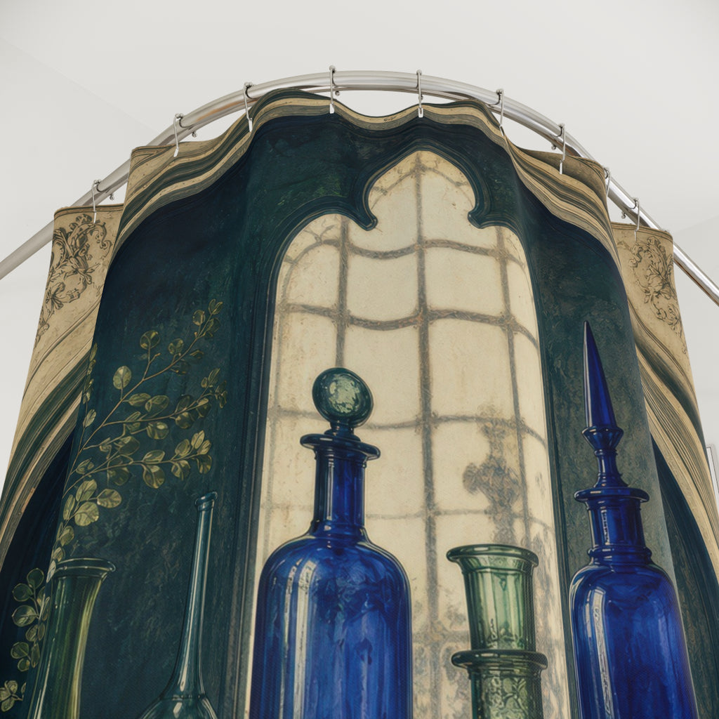 Blue and Green Apothecary Glass Shower Curtain