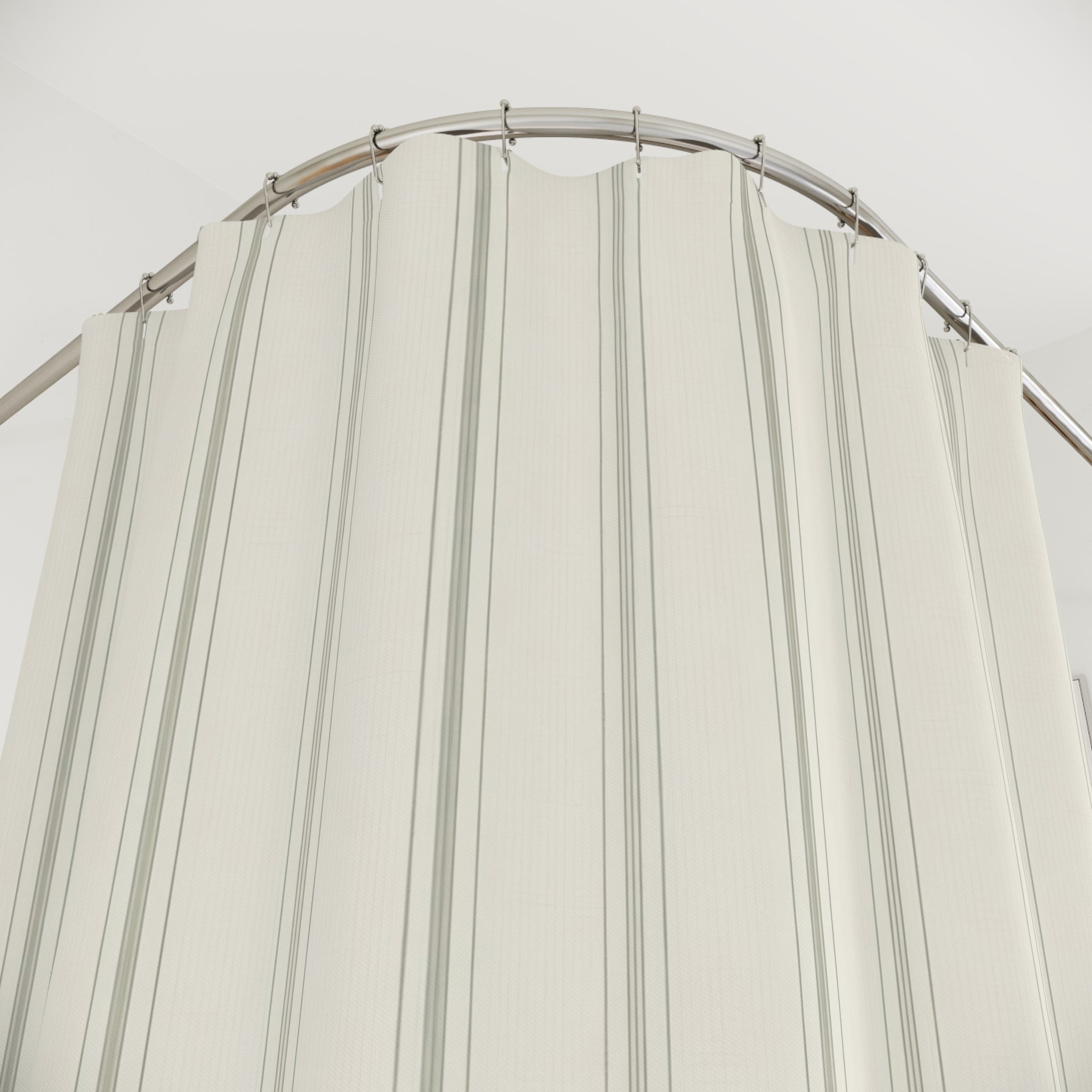 Sage Green Ticking Stripe Pinstripe Farmhouse Cottage White Shower Curtain