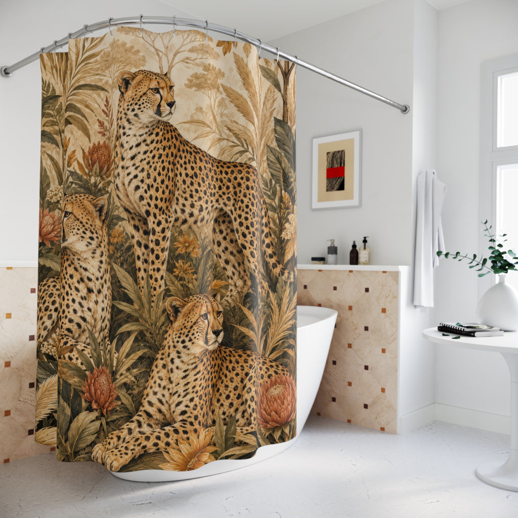 Cheetah Shower Curtain: Safari Botanical Beige Green