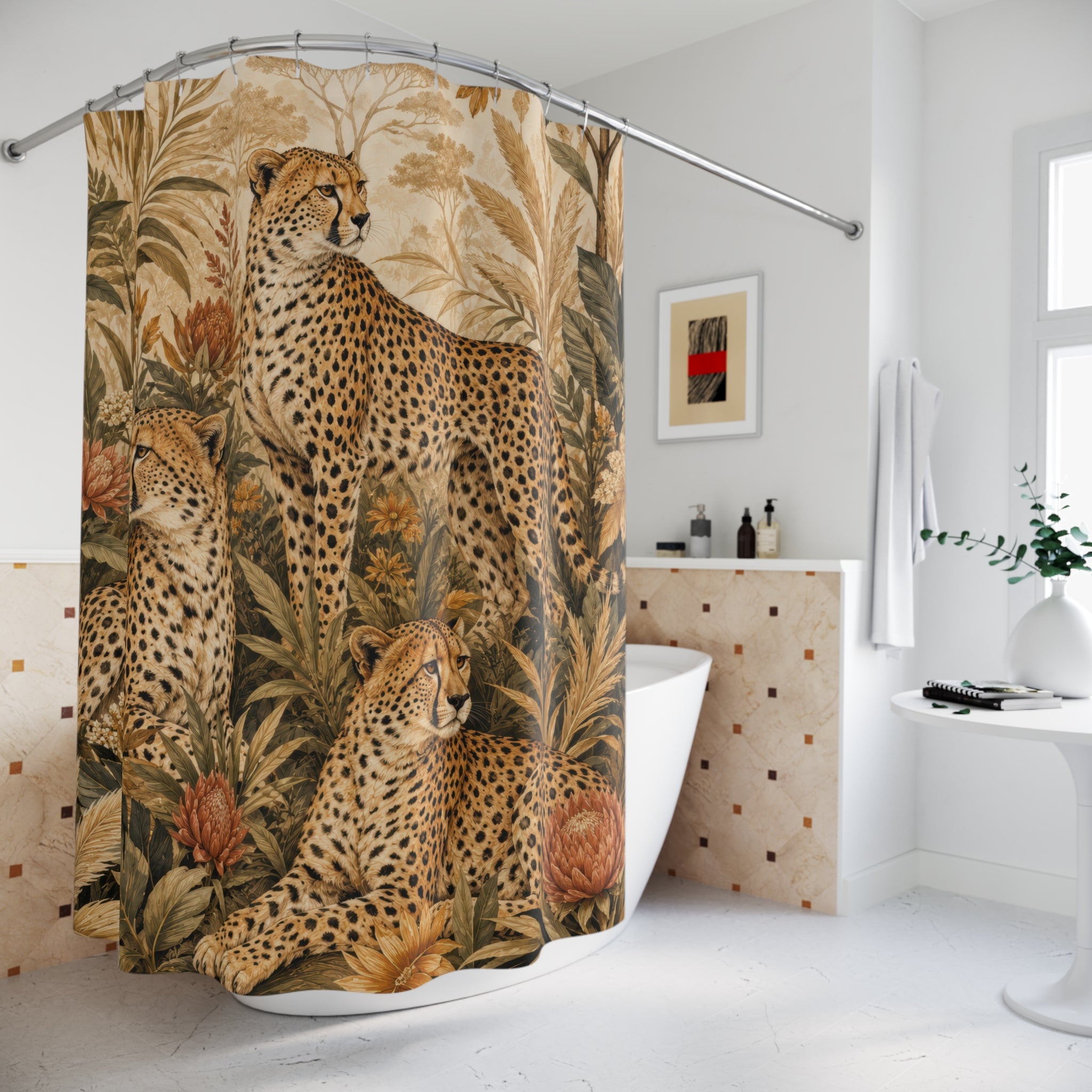 Cheetah Shower Curtain: Safari Botanical Beige Green
