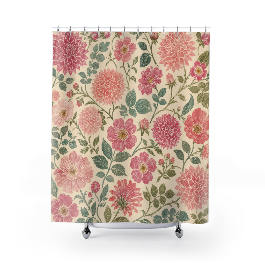 Pink Sage Block Print Floral Shower Curtain