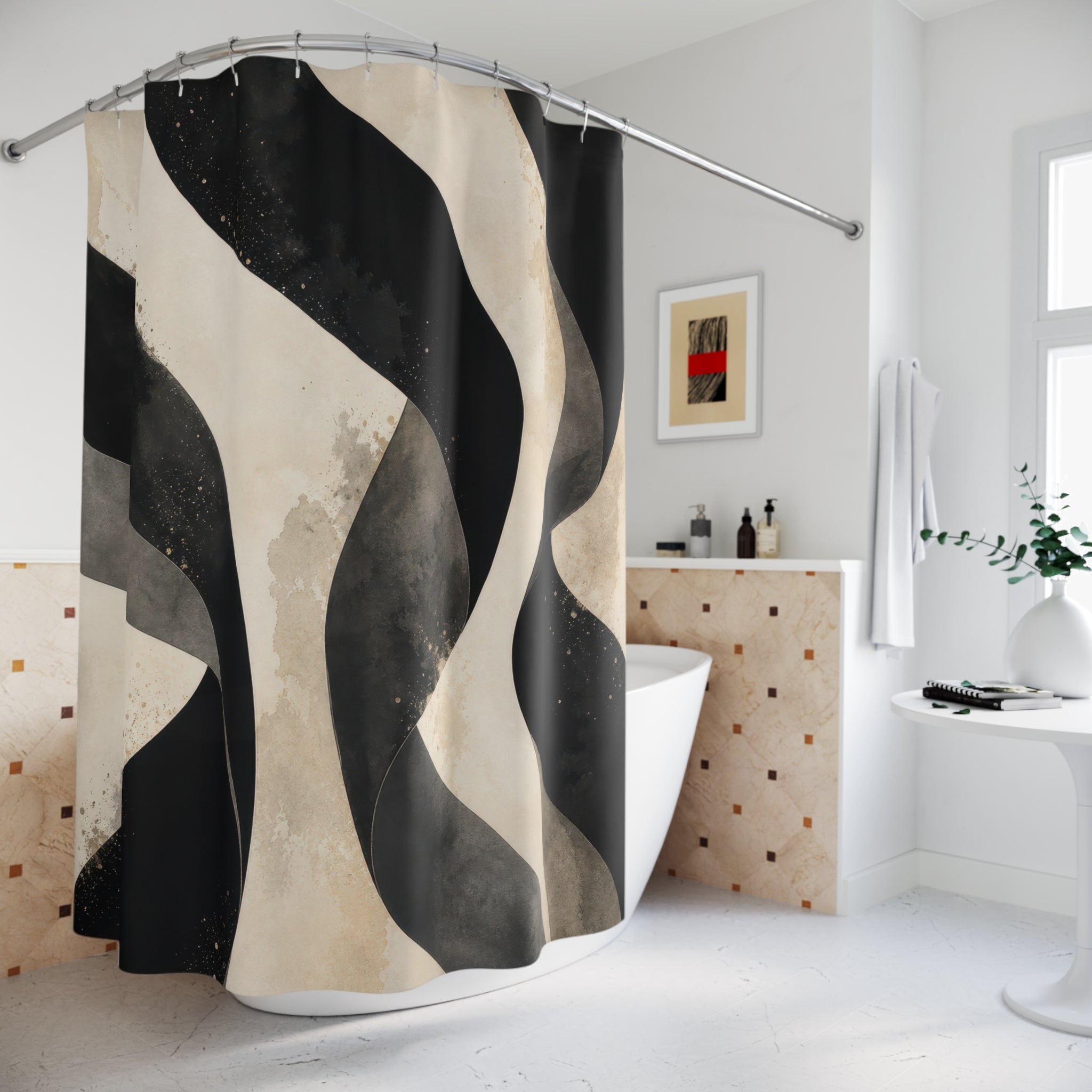 Black Striped Shower Curtain, Cream Wavy Abstract Bath Decor, Modern Organic Stripe Pattern, Black White Guest Bathroom Decor Style