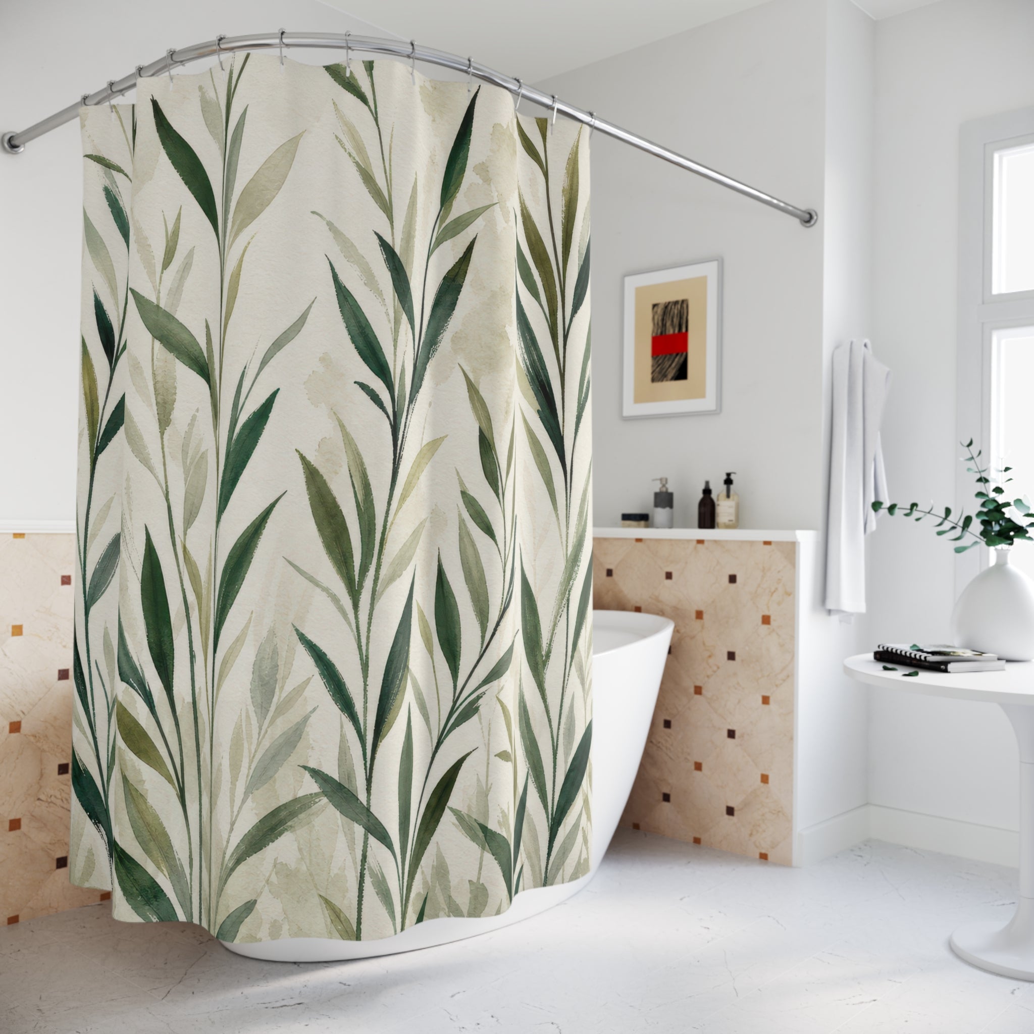 Green Leaf Shower Curtain, Sage Botanical Willow Pattern, Bamboo Style Leaves Bath Decor, Fresh Natural Guest Bathroom Accent, Organic Style