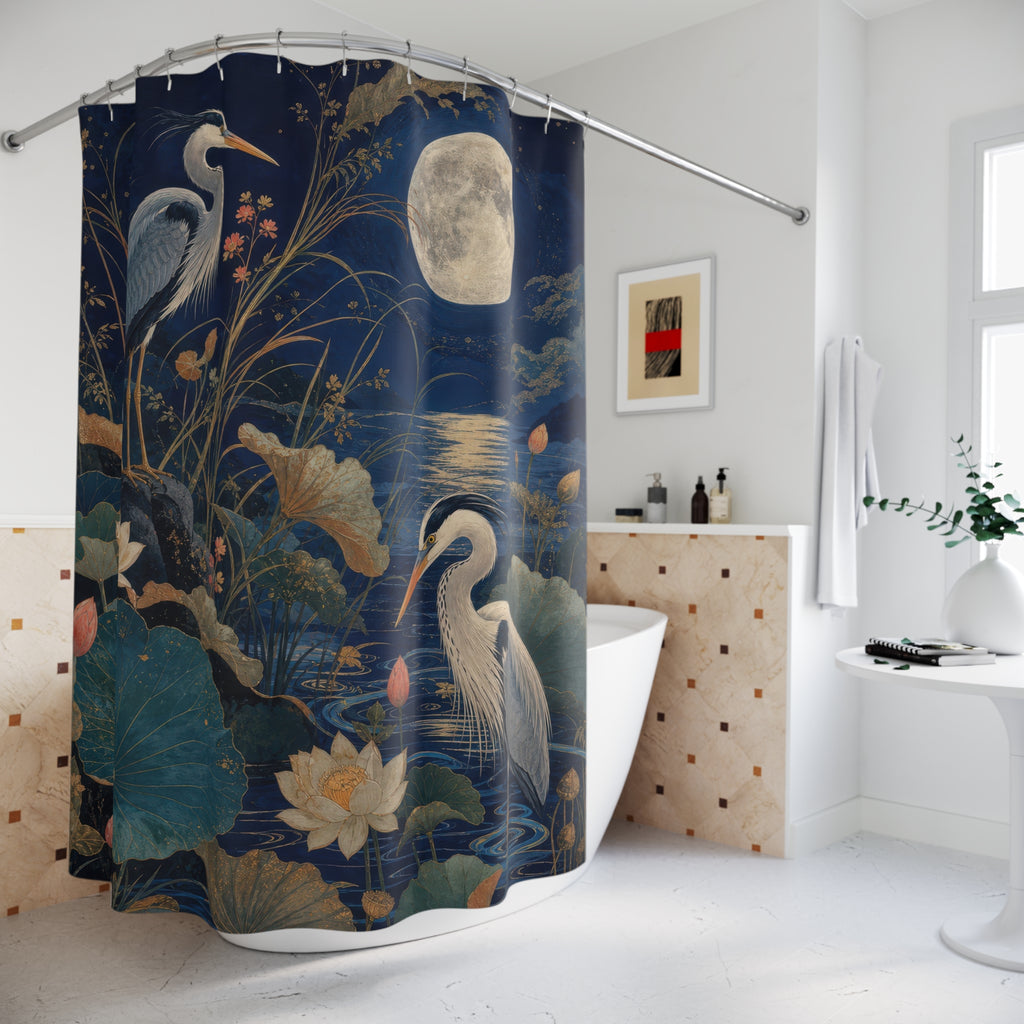 Moonlit Heron Garden Decorative Shower Curtain