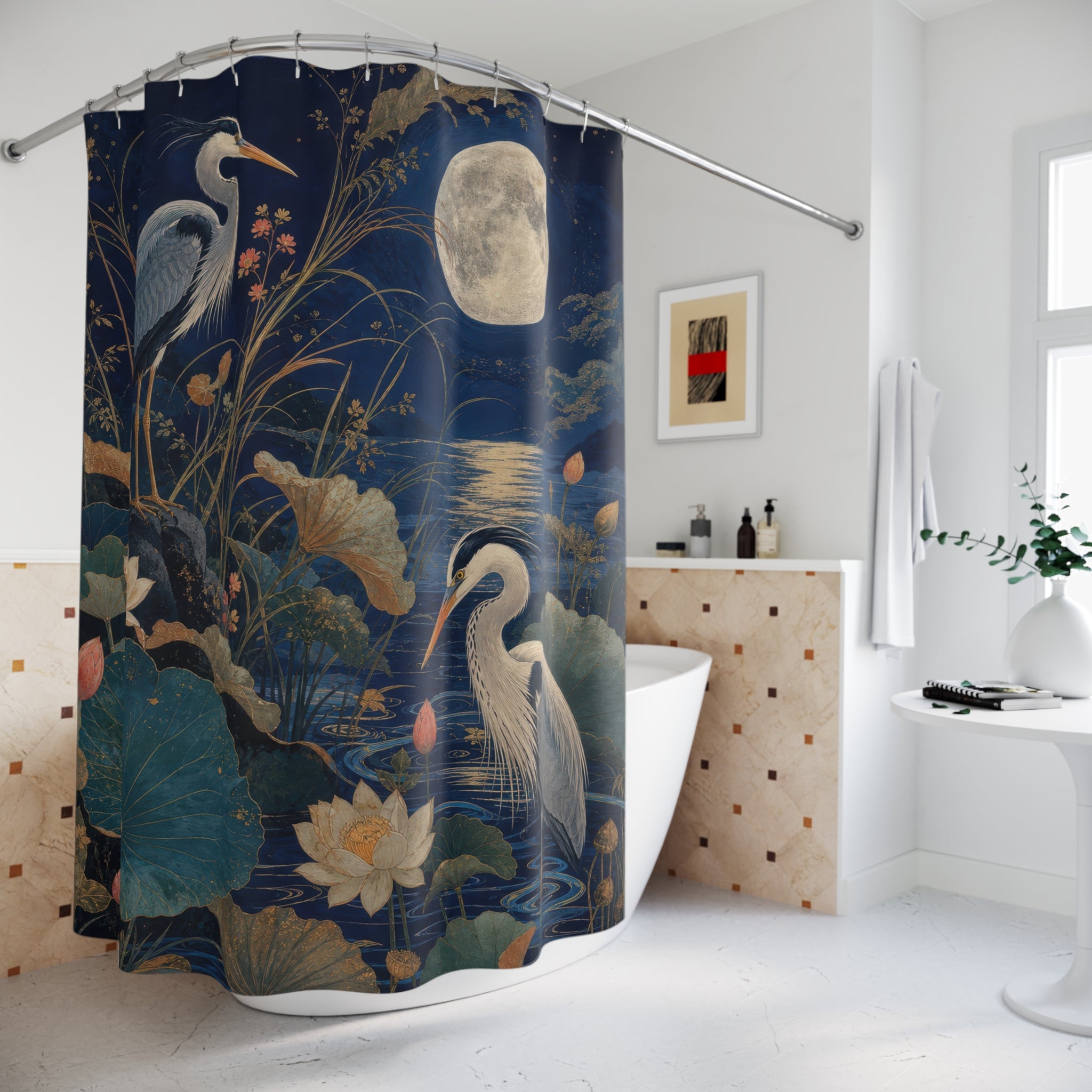 Moonlit Heron Garden Decorative Shower Curtain