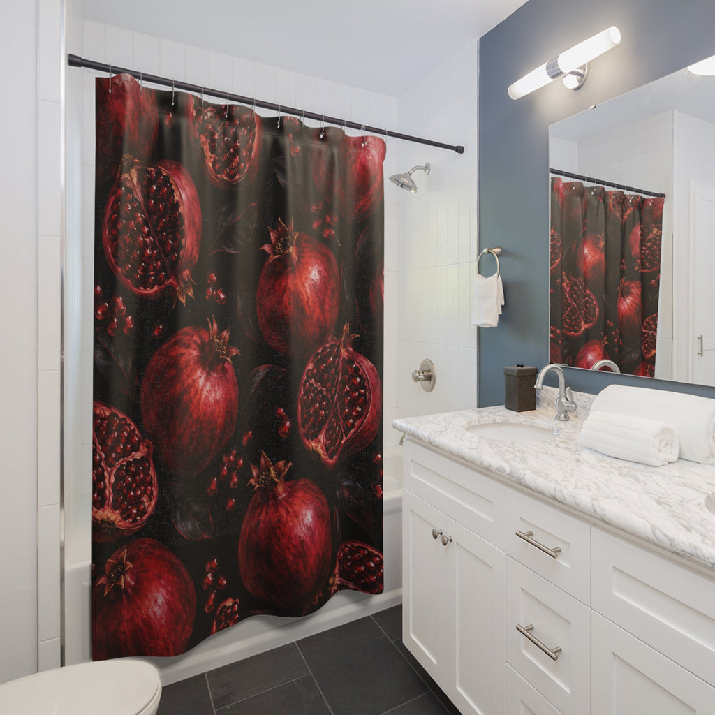 Ruby pomegranates and red seeds with black leaves shower curtain beside a white vanity