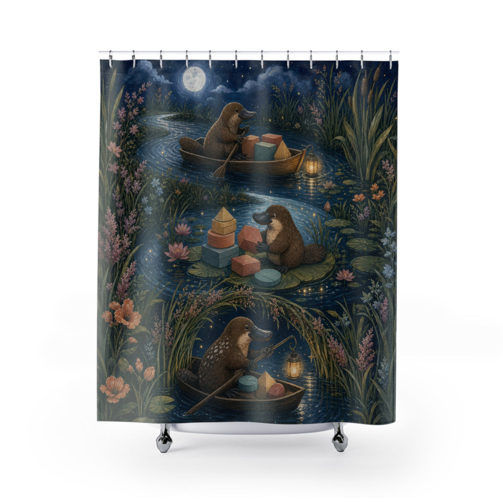 Whimsical platypus postal boats on a moonlit canal shower curtain with full front view