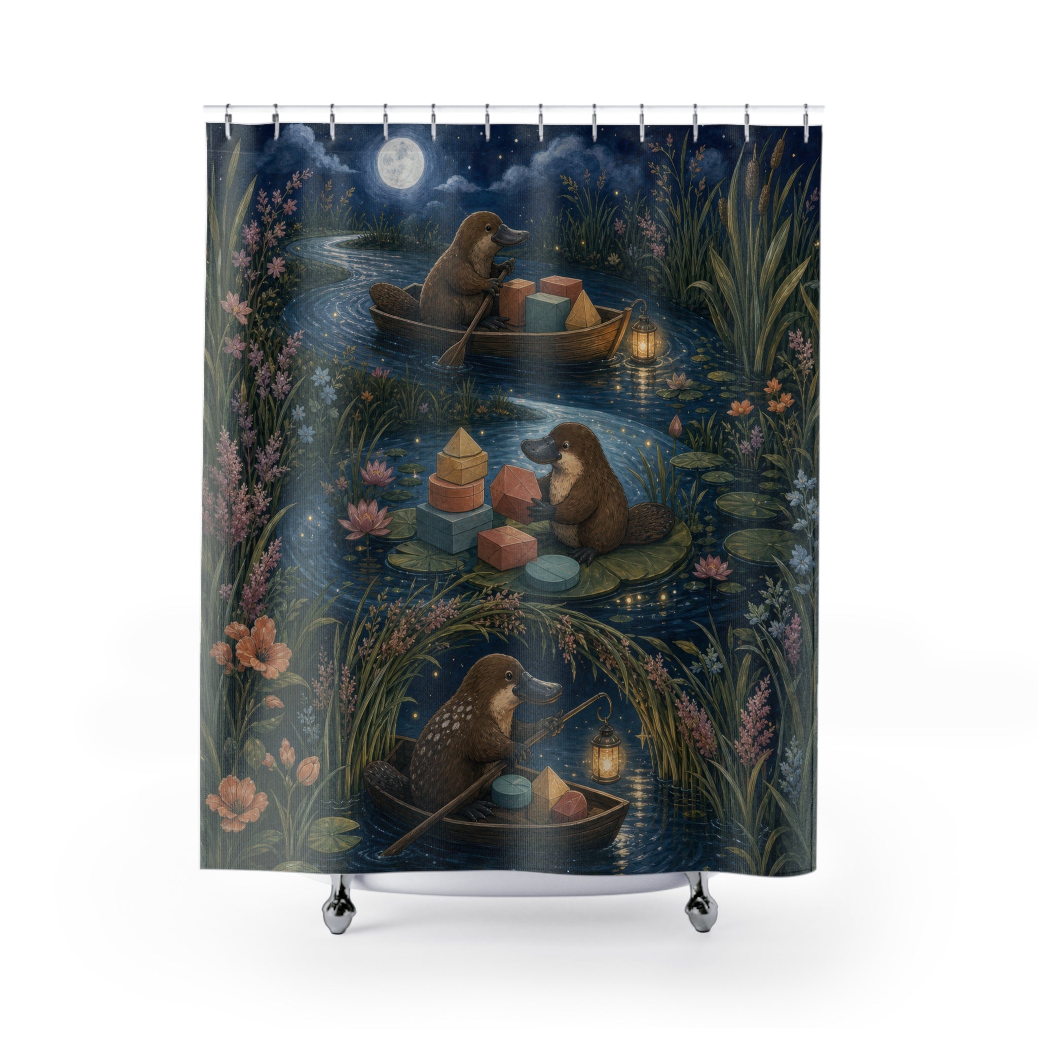 Whimsical platypus postal boats on a moonlit canal shower curtain with full front view