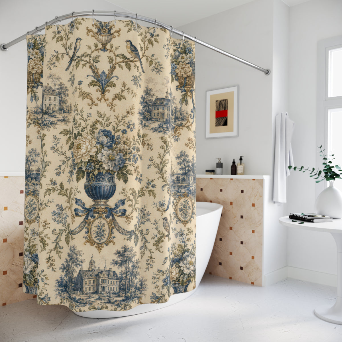 Colonial Toile Shower Curtain: Blue French Country