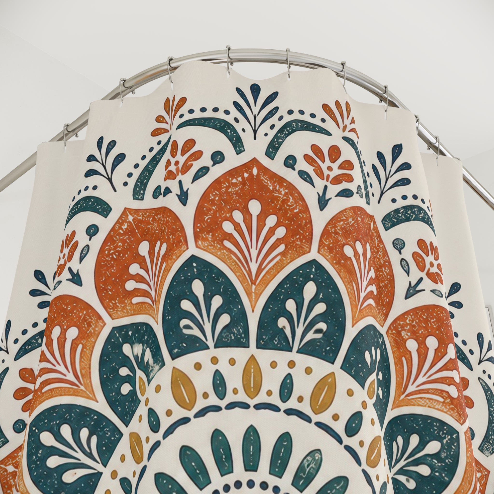Orange Teal Floral Medallion Shower Curtain