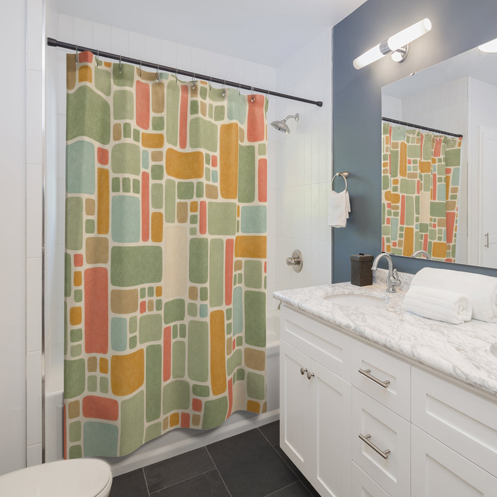 Retro Shower Curtain, Sage Coral Mosaic Tile Pattern, Mid Century Geometric Bathroom Decor, Guest Bath Wall Gift Idea For Home Style